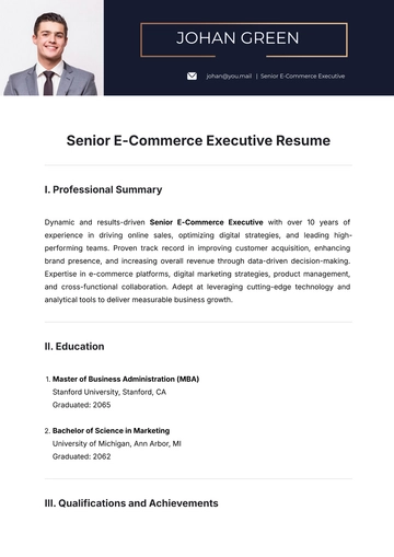 Free Senior E-Commerce Executive Resume Template to Edit Online