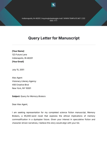 Free Query Letter for Manuscript Template to Edit Online