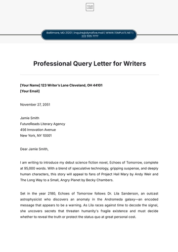 Free Professional Query Letter for Writers Template to Edit Online