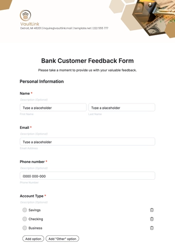 Free Bank Customer Feedback Form Template to Edit Online