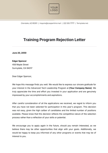 Free Training Program Rejection Letter Template to Edit Online