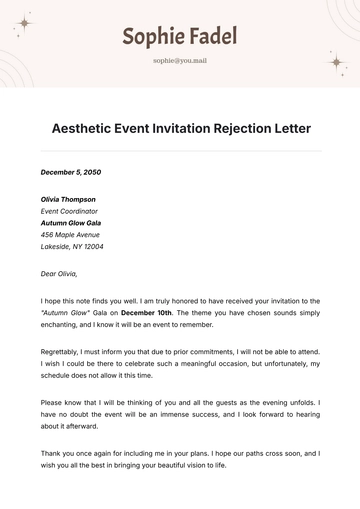 Free Aesthetic Event Invitation Rejection Letter Template to Edit Online
