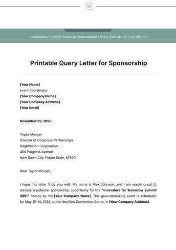 Free Printable Query Letter for Sponsorship Template to Edit Online