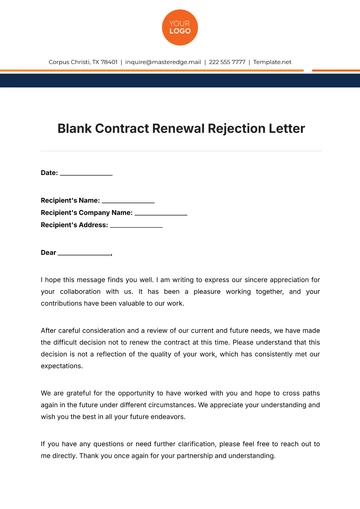 Free Blank Contract Renewal Rejection Letter Template to Edit Online