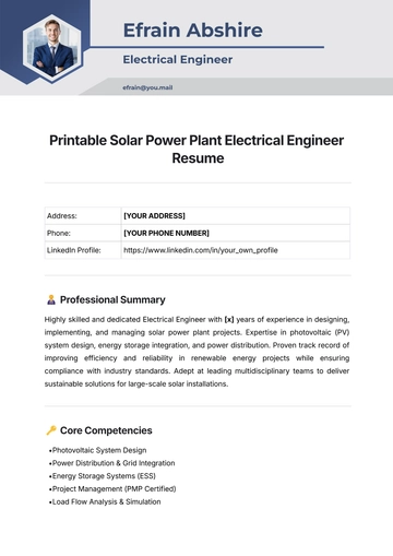 Free Printable Solar Power Plant Electrical Engineer Resume Template to Edit Online