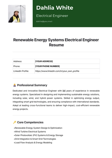 Free Renewable Energy Systems Electrical Engineer Resume Template to Edit Online