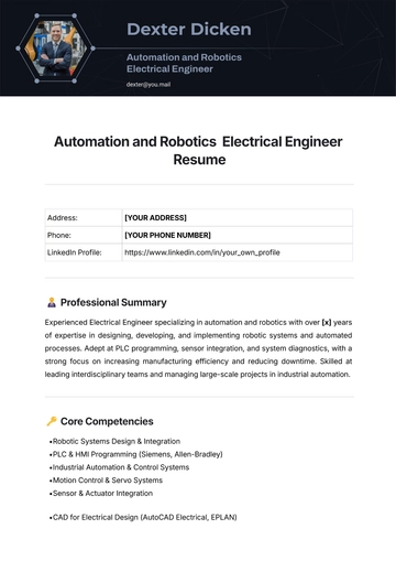 Free Automation and Robotics  Electrical Engineer Resume Template to Edit Online