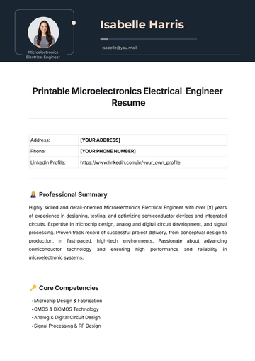 Free Printable Microelectronics Electrical  Engineer Resume Template to Edit Online