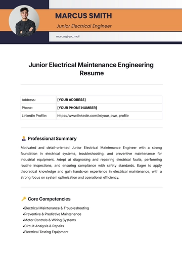 Free Junior Electrical Maintenance Engineering Resume Template to Edit Online