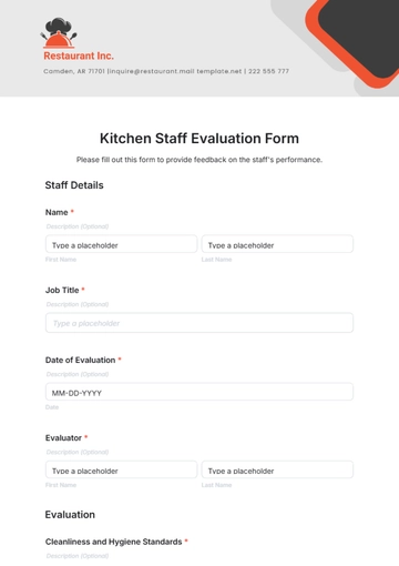 Free Kitchen Staff Evaluation Form Template to Edit Online