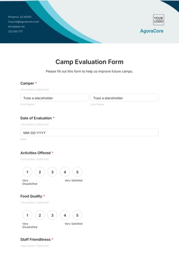 Free Camp Evaluation Form Template to Edit Online