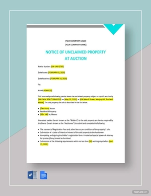 Notice of Unclaimed Property at Auction Template