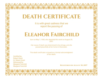 Free Traditional Death Certificate Template to Edit Online