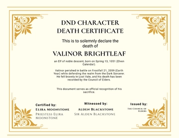 Free DnD Character Death Certificate Template to Edit Online
