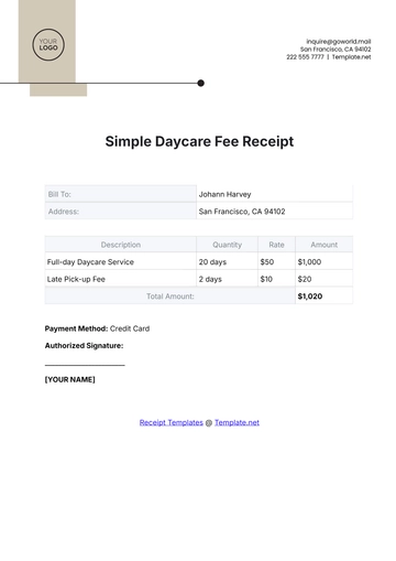 Free Simple Daycare Fee Receipt Template to Edit Online
