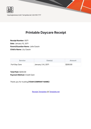 Free Printable Daycare Receipt Template to Edit Online