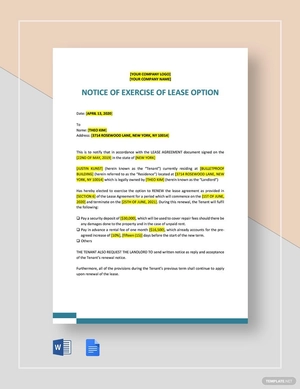 Notice of Exercise of Lease Option Template