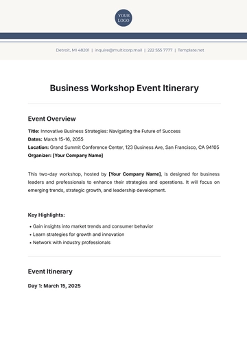 Free Business Workshop Event Itinerary Template to Edit Online