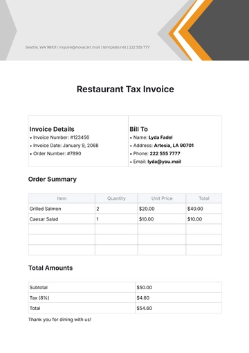 Free Restaurant Tax Invoice Template to Edit Online