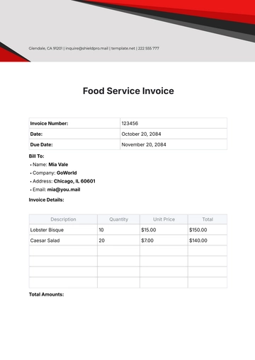 Free Food Service Invoice Template to Edit Online