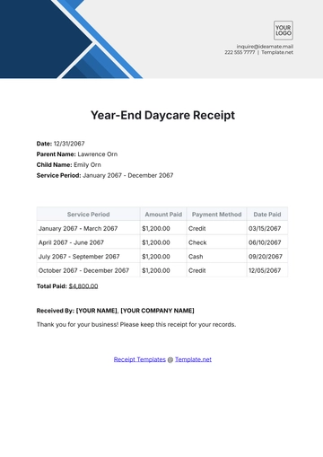 Free Year-End Daycare Receipt Template to Edit Online