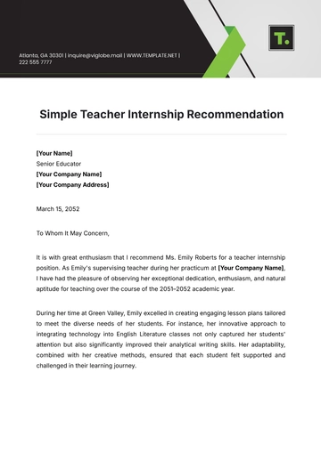 Free Simple Teacher Internship Recommendation Template to Edit Online