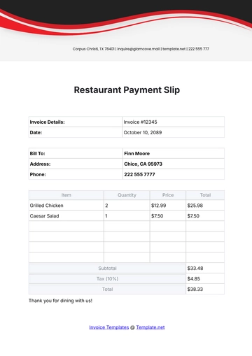 Free Restaurant Payment Slip Template to Edit Online