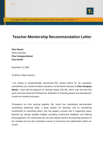Free Teacher Mentorship Recommendation Letter Template to Edit Online