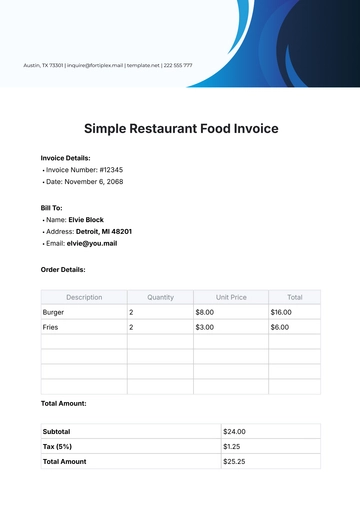 Free Simple Restaurant Food Invoice Template to Edit Online