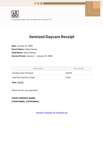 Free Itemized Daycare Receipt Template to Edit Online