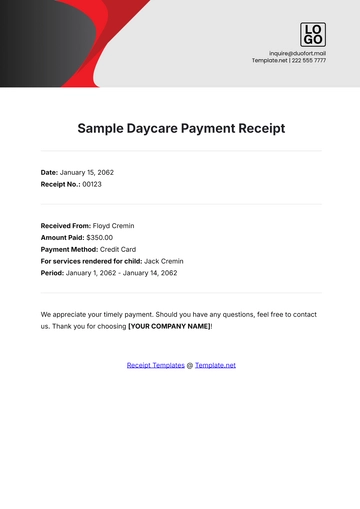 Free Sample Daycare Payment Receipt Template to Edit Online