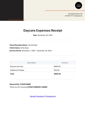 Free Daycare Expenses Receipt Template to Edit Online