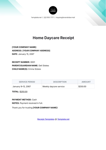 Free Home Daycare Receipt Template to Edit Online