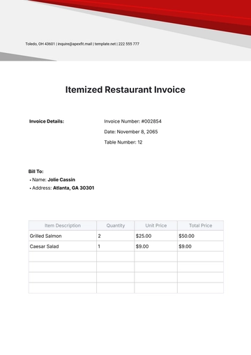 Free Itemized Restaurant Invoice Template to Edit Online