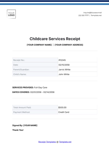 Free Childcare Services Receipt Template to Edit Online