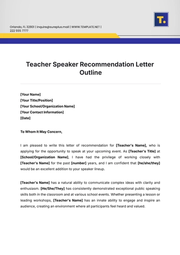 Free Teacher Speaker Recommendation Letter Outline Template to Edit Online