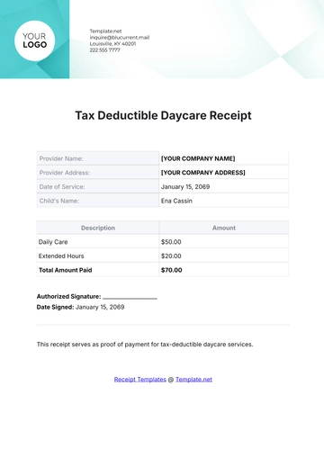 Free Tax Deductible Daycare Receipt Template to Edit Online