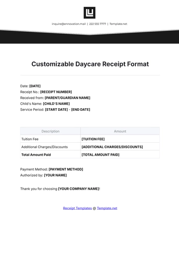 Free Customizable Daycare Receipt Format Template to Edit Online