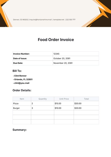 Free Food Order Invoice Template to Edit Online