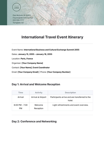 Free International Travel Event Itinerary Template to Edit Online
