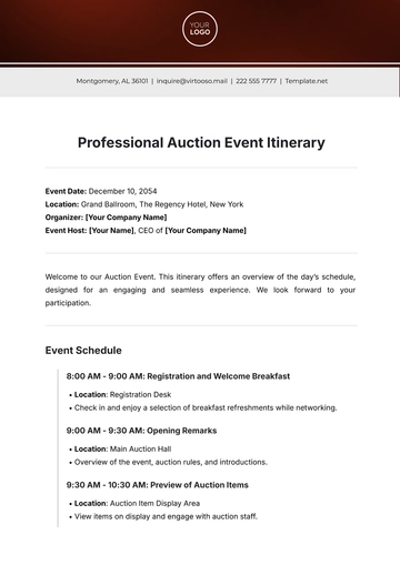 Free Professional Auction Event Itinerary Template to Edit Online