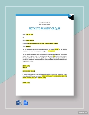 Notice to Pay Rent or Quit Template