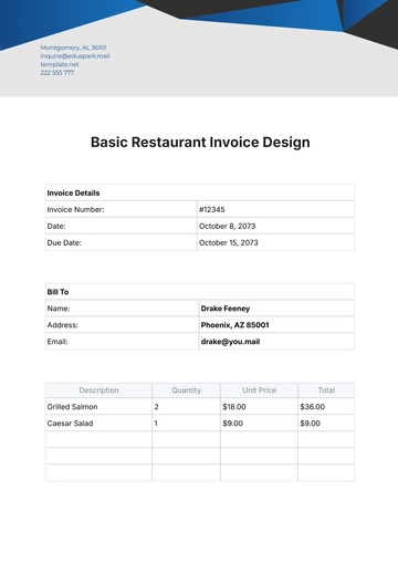 Free Basic Restaurant Invoice Design Template to Edit Online