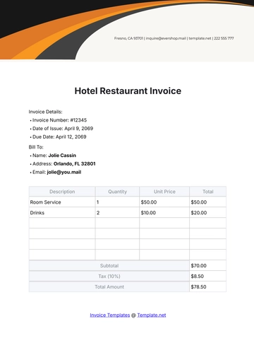 Free Hotel Restaurant Invoice Template to Edit Online
