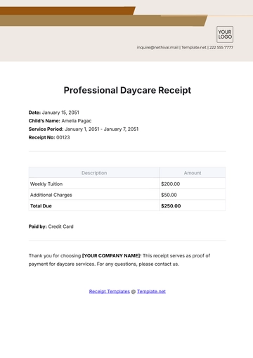 Free Professional Daycare Receipt Template to Edit Online