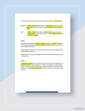 Assignment of Lease by Lessee With Consent of Lessor Template