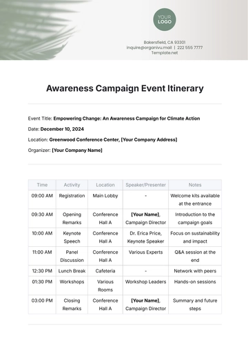 Free Awareness Campaign Event Itinerary Template to Edit Online