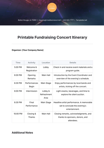 Free Printable Fundraising Concert Itinerary Template to Edit Online