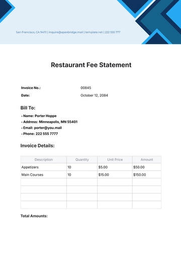 Free Restaurant Fee Statement Template to Edit Online