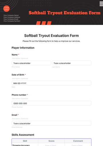 Free Softball Tryout Evaluation Form Template to Edit Online